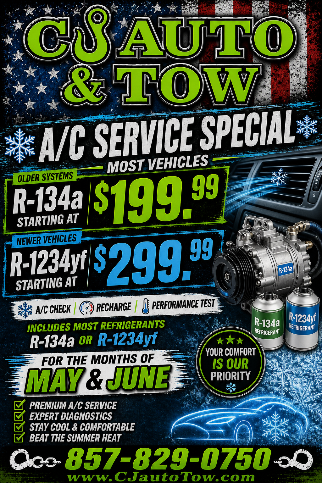 A/C Service Special — R-134a from $199.99, R-1234yf from $299.99